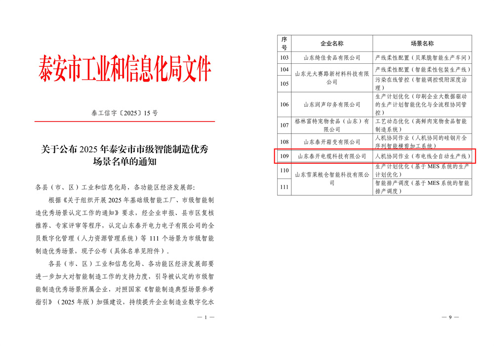 泰安市智能制造优秀场景